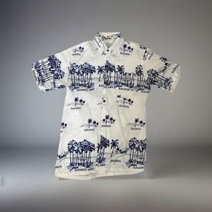 Shoreline Shirt Mens Large White Blue Bahamas Palm Tree Print Button Up‎ Cotton